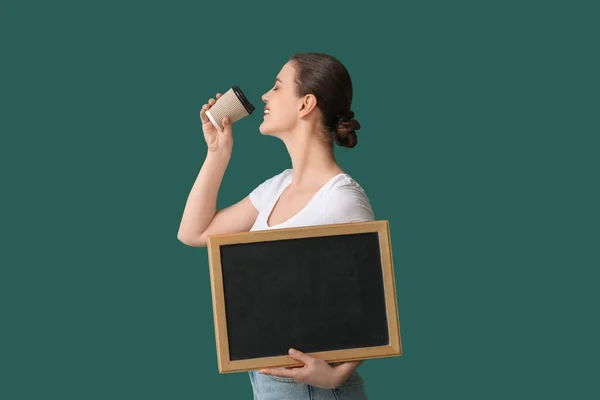 Female Teacher Chalkboard Cup Coffee Green Background — Stock Photo, Image