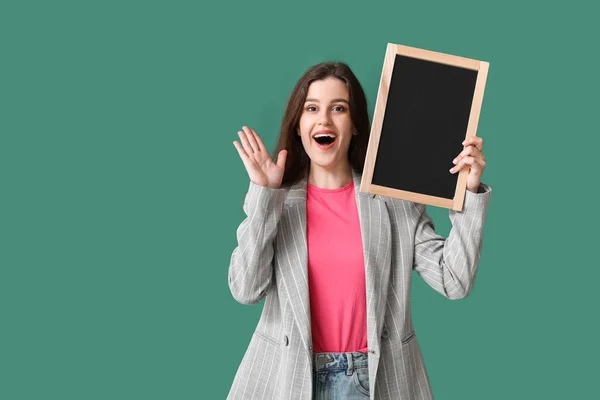 Surprised Female Teacher Chalkboard Green Background — Stock Photo, Image