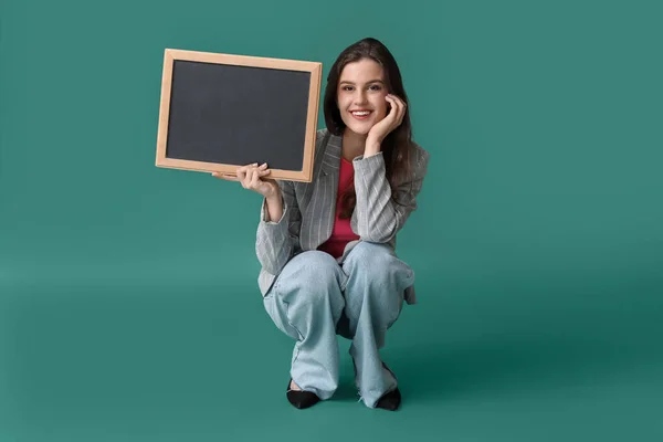 Female Teacher Chalkboard Green Background — Stock Photo, Image