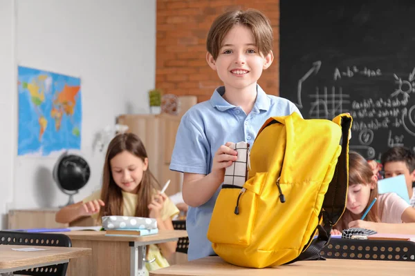 Little Boy Taking Pencil Case Backpack Classroom — Stock Photo, Image