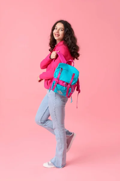Female Student Backpack Pink Background — Stock Photo, Image