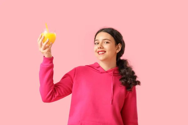 Teenage Girl Glass Orange Juice Pink Background — Stock Photo, Image