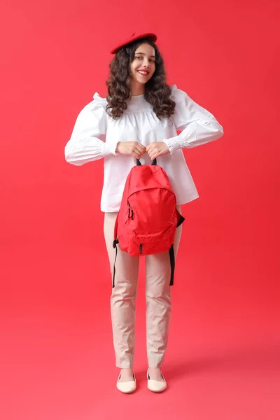 Female Student Backpack Red Background — Stock Photo, Image