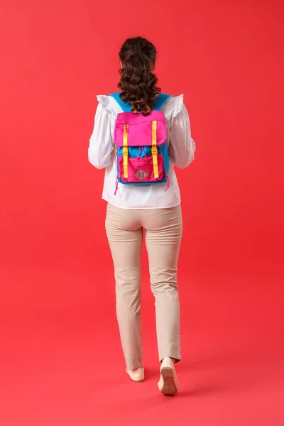 Female Student Backpack Red Background Back View — Stock Photo, Image