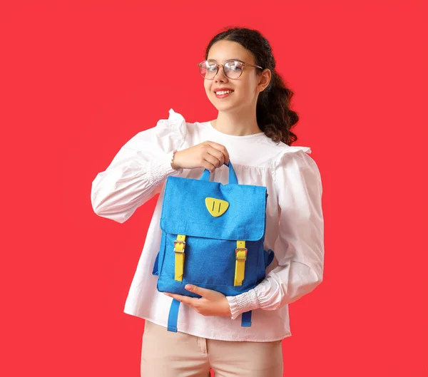 Female Student Backpack Red Background — Stock Photo, Image