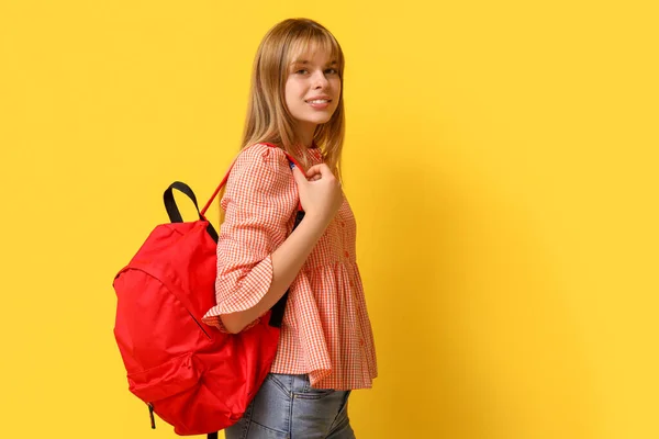 Female Student Backpack Yellow Background — Stock Photo, Image