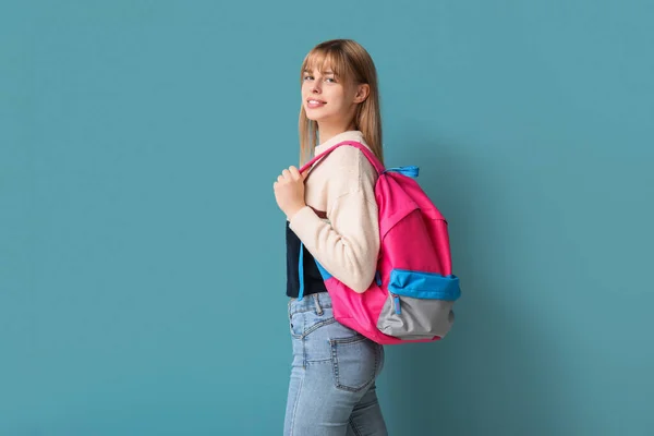 Female Student Backpack Blue Background — Stock Photo, Image