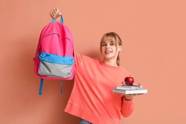 Female Student Books Apple Backpack Color Background — Stock Photo, Image