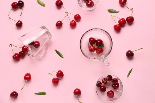 Glass Cups Bowls Sweet Cherries Pink Background — Stock Photo, Image