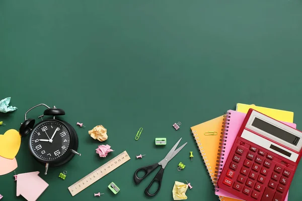 Alarm Clock Calculator Different Stationery Green Chalkboard — Stock Photo, Image