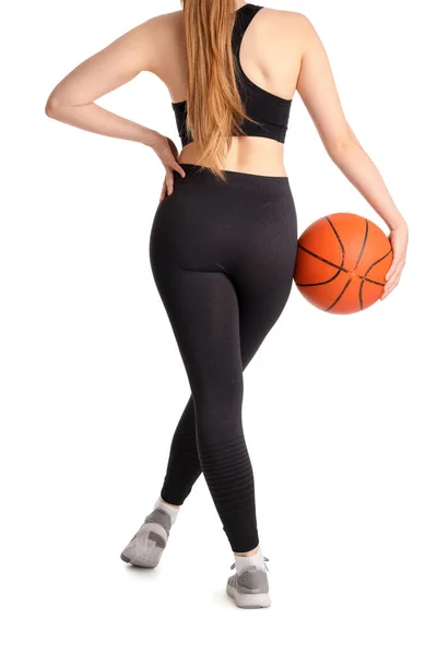 Молодая Женщина Спортивной Одежде Мячом Белом Фоне Вид Сзади — стоковое фото