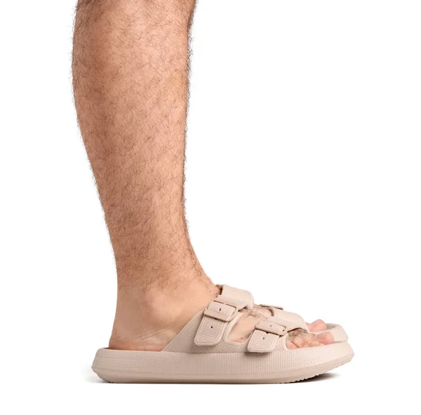 Mužské Nohy Žabkách Bílém Pozadí — Stock fotografie