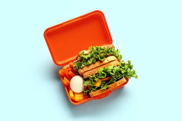 Lunchbox Met Lekker Eten Blauwe Achtergrond — Stockfoto