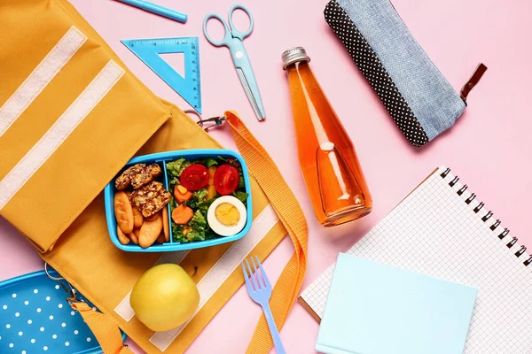 Backpack Stationery Bottle Lemonade Lunchbox Tasty Food Pink Background — Stock Photo, Image