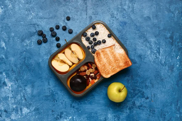 Apple Lunchbox Tasty Food Grunge Dark Blue Background — Stock Photo, Image