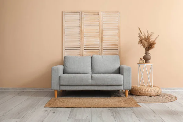 Stylish Grey Sofa Folding Screen Table Pampas Grass Beige Wall — Stock Photo, Image