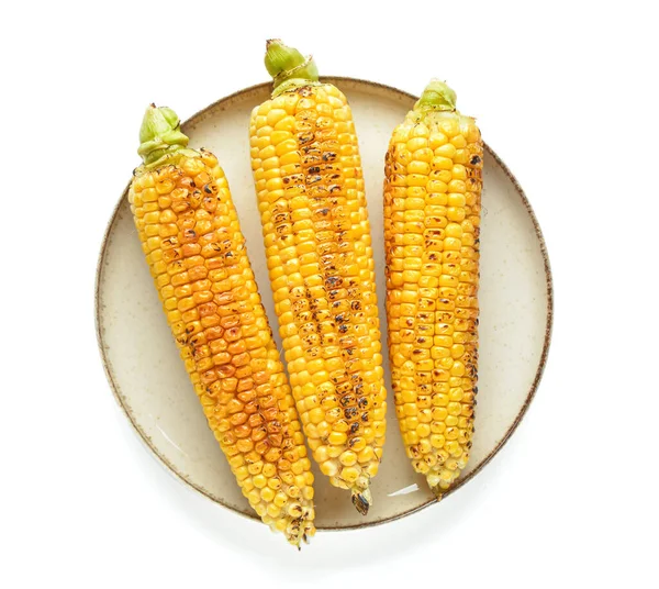 Talíř Chutnými Grilované Kukuřičné Paličky Bílém Pozadí — Stock fotografie