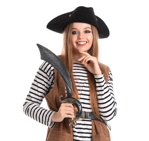 Mooie Vrouwelijke Piraat Met Sabel Witte Achtergrond — Stockfoto
