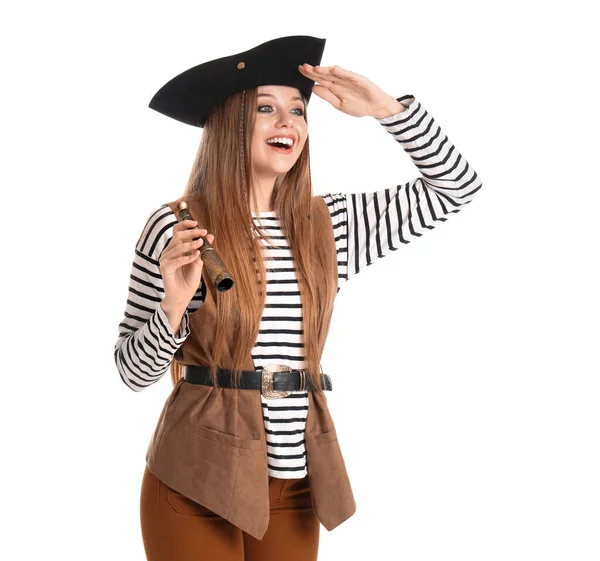Mooie Vrouwelijke Piraat Met Spiegelglas Witte Achtergrond — Stockfoto