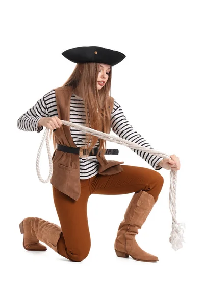 Schöne Piratin Mit Seil Auf Weißem Hintergrund — Stockfoto