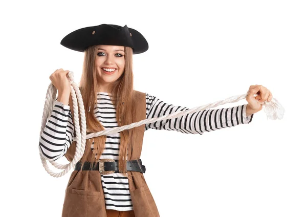 Schöne Piratin Mit Seil Auf Weißem Hintergrund — Stockfoto