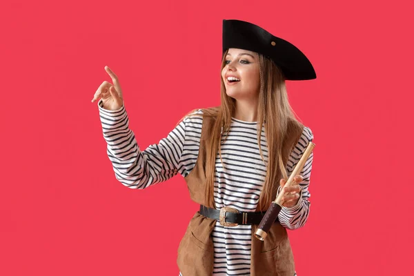 Beautiful Female Pirate Spyglass Pointing Something Red Background — Stock Photo, Image