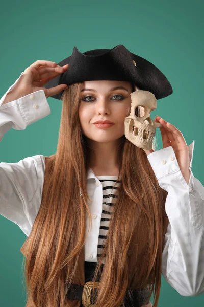 Beautiful Female Pirate Skull Green Background — Stock Photo, Image