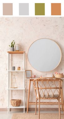 Masası, aynası ve raf ünitesi olan şık bir makyaj odası. Farklı renk desenleri