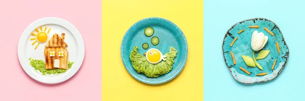 Collage Nourriture Drôle Pour Les Enfants Sur Fond Couleur Vue — Photo