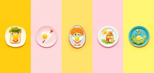 Collage Van Grappig Voedsel Voor Kinderen Kleur Achtergrond Bovenaanzicht — Stockfoto