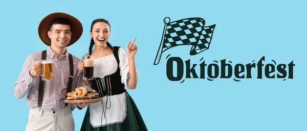 Banner Para Celebração Oktoberfest Com Jovem Casal Roupas Tradicionais Alemãs — Fotografia de Stock