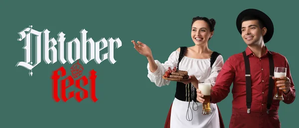 Banner Oktoberfest Ünnepség Fiatal Párral Hagyományos Német Ruhában Egy Pohár — Stock Fotó