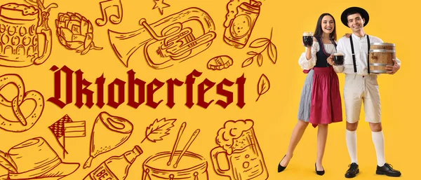 Banner Oslavu Oktoberfestu Mladým Párem Tradičním Německém Oblečení Sudem Džbánky — Stock fotografie