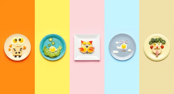 Collage Lustiger Lebensmittel Für Kinder Auf Farbigem Hintergrund Ansicht Von — Stockfoto