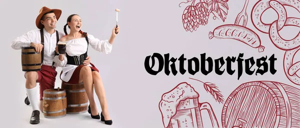 Banner Voor Oktoberfest Viering Met Jong Stel Traditionele Duitse Kleding — Stockfoto