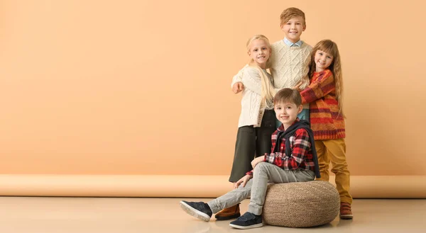 Cute Little Children Stylish Autumn Clothes Beige Background Banner Design — Stock Photo, Image