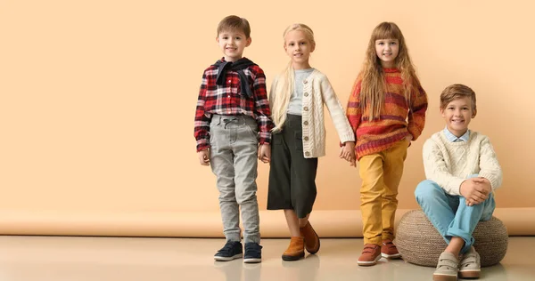 Cute Little Children Stylish Autumn Clothes Beige Background Banner Design — Stock Photo, Image