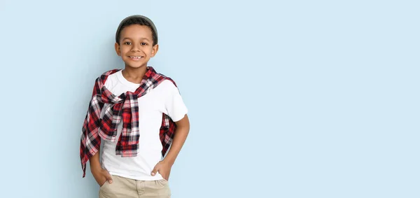 Cute Fashionable African American Boy Light Background Banner Design — Stock Photo, Image