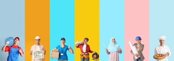 Collage Von Menschen Unterschiedlicher Berufe Auf Farbigem Hintergrund — Stockfoto