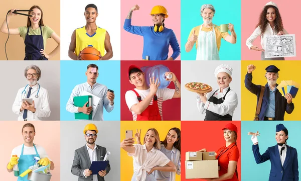 Group People Different Professions Color Background — Stock Photo, Image
