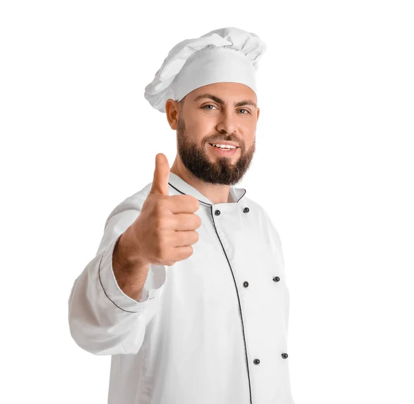 Мужчина Пекарь Форме Показывает Большой Палец Вверх Белом Фоне — стоковое фото