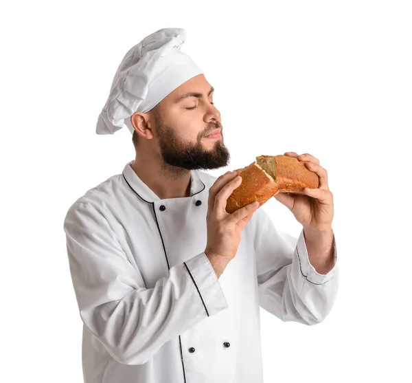 Male Baker Fresh Bread White Background — Stok fotoğraf