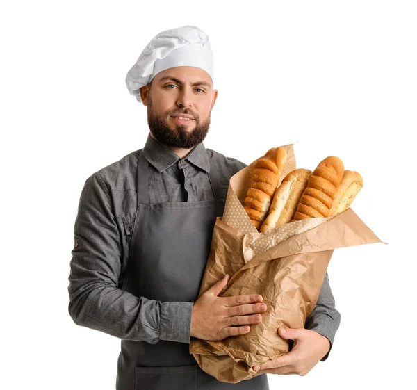 Male Baker Fresh Baguettes White Background — Zdjęcie stockowe