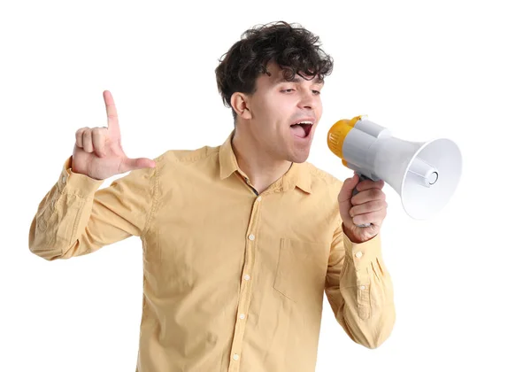 Junger Mann Mit Megafon Zeigt Verlierer Geste Auf Weißem Hintergrund — Stockfoto