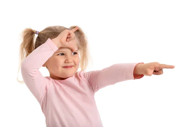 Divertente Bambina Mostrando Gesto Perdente Sfondo Bianco — Foto Stock