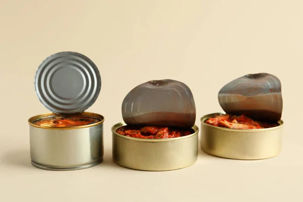 Opened Tin Cans Fish Tomato Sauce Beige Background — Stock Photo, Image