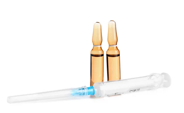 Ampules Syringe Needle White Background — Stock Photo, Image