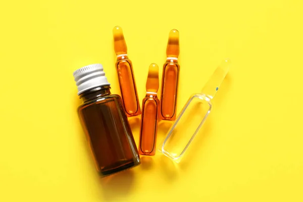 Ampules Bottle Medicines Yellow Background — Stock Photo, Image