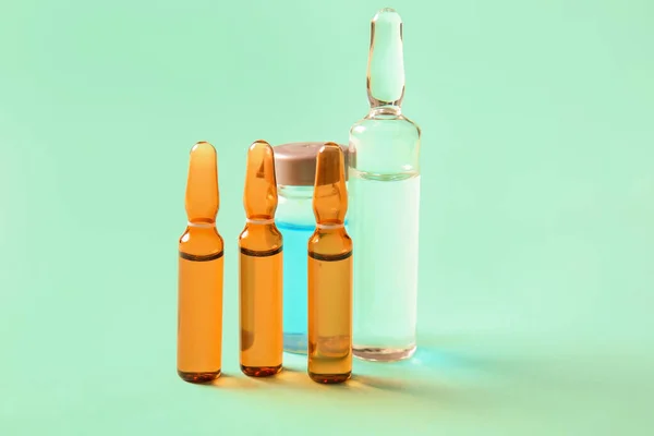 Medical Ampules Bottle Medicines Turquoise Background — Stock Photo, Image