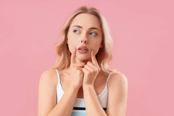 Young Woman Doing Face Building Exercise Pink Background Closeup — Stock Photo, Image